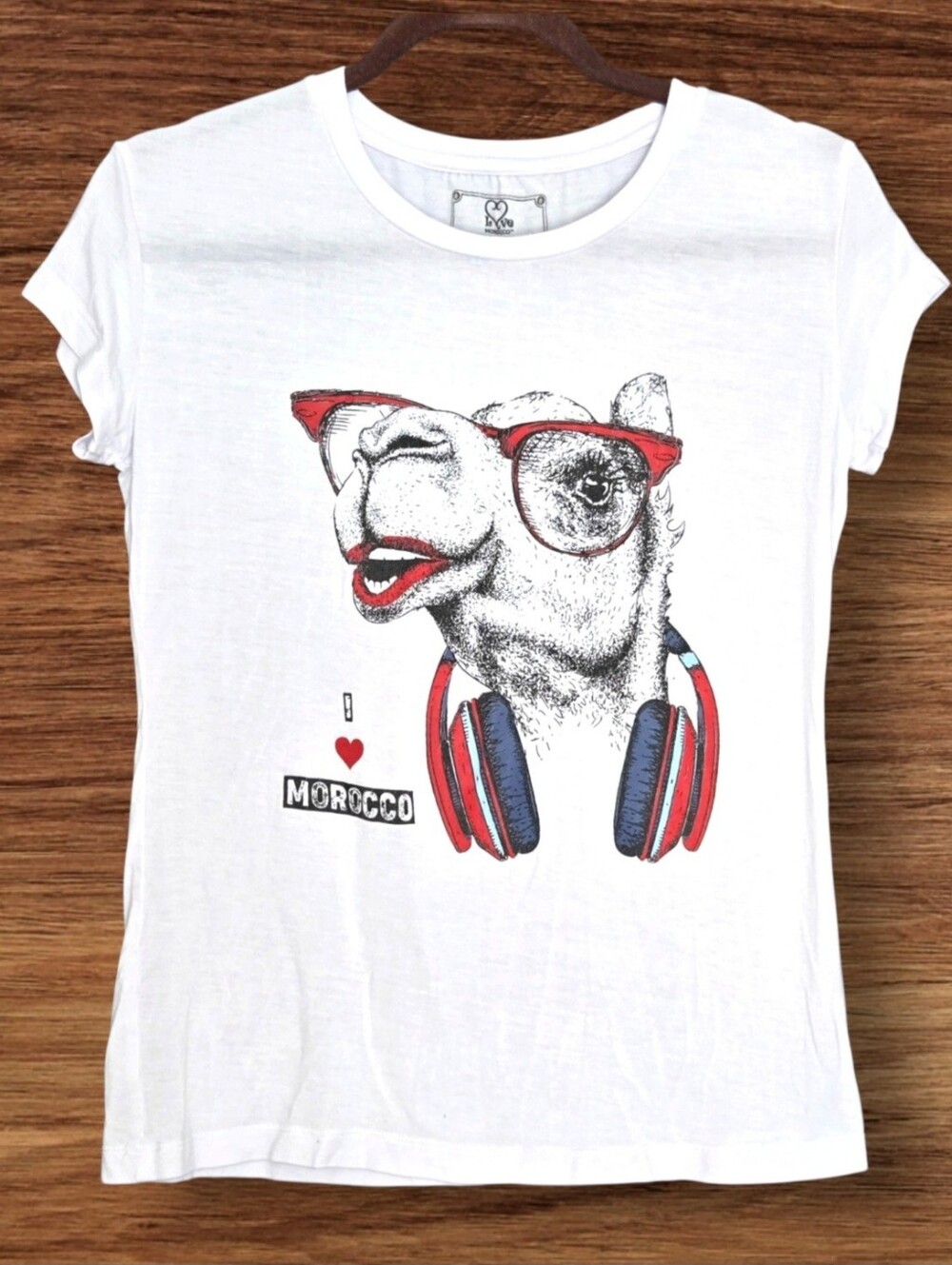 I Love Morocco T-shirt Desert Camel Graphic Soft White & Red Cap Sleeve Sz M/L